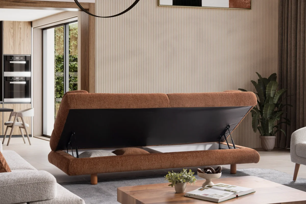 Modern living room featuring the Troyas sofa set in a warm terracotta hue, showcasing soft curves and a textured finish for a cozy, contemporary aesthetic – SofaTurkey.