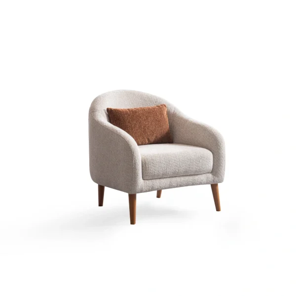 Troyas modern accent armchair with a curved backrest and textured ivory fabric, featuring an elegant sculptural design for a cozy living room corner – SofaTurkey.
