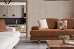 Modern living room featuring the Troyas sofa set in a warm terracotta hue, showcasing soft curves and a textured finish for a cozy, contemporary aesthetic – SofaTurkey.