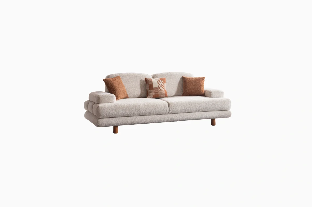 Troyas modern sofa set featuring a curved silhouette and rich textured fabric in terracotta and ivory cream, styled for a luxury contemporary living room – SofaTurkey.