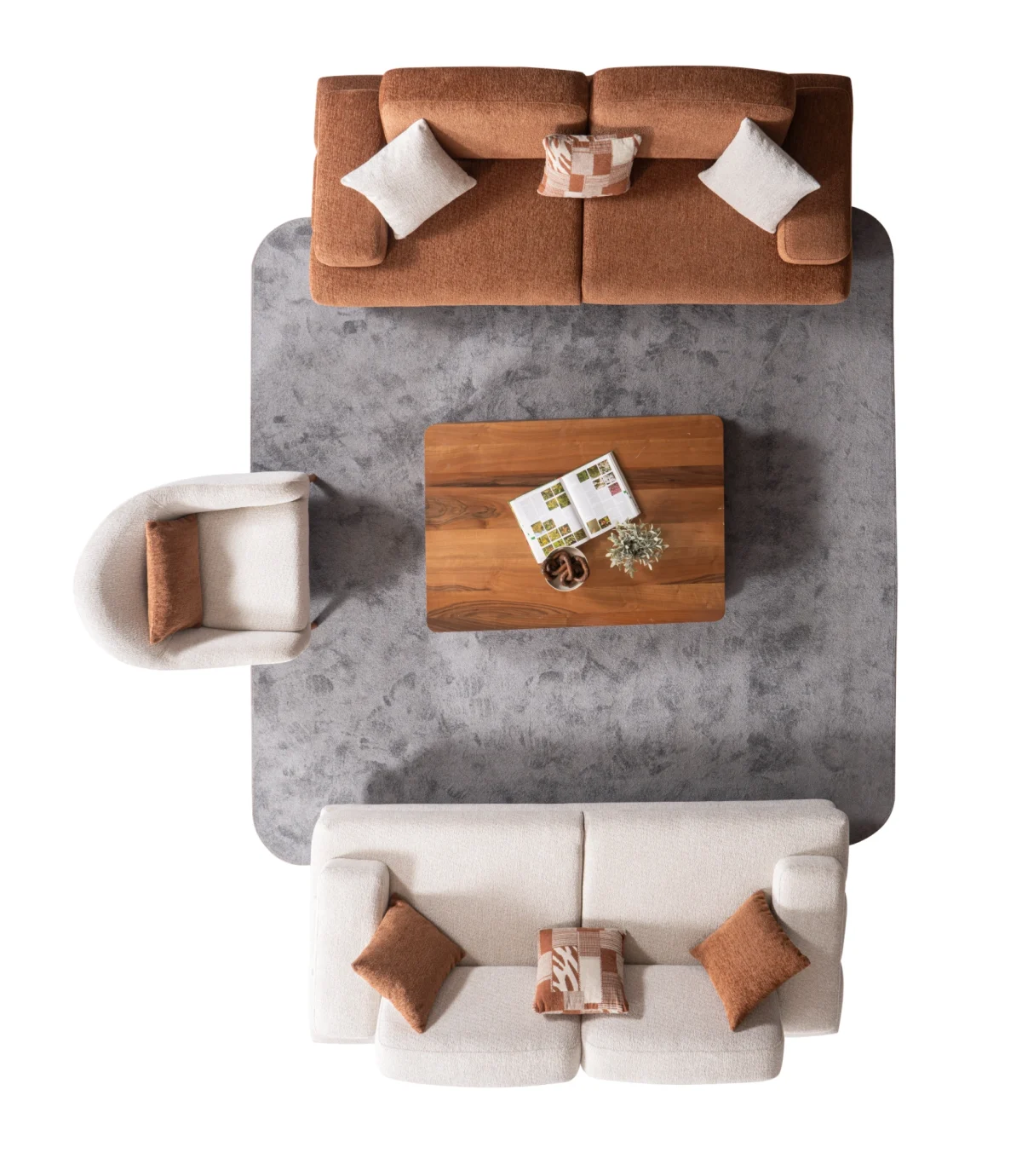 A harmonized Troyas sofa set showcasing a visual dialogue between warm terracotta and ivory tones, featuring matching organic curved silhouettes in a luxury contemporary setting – SofaTurkey.