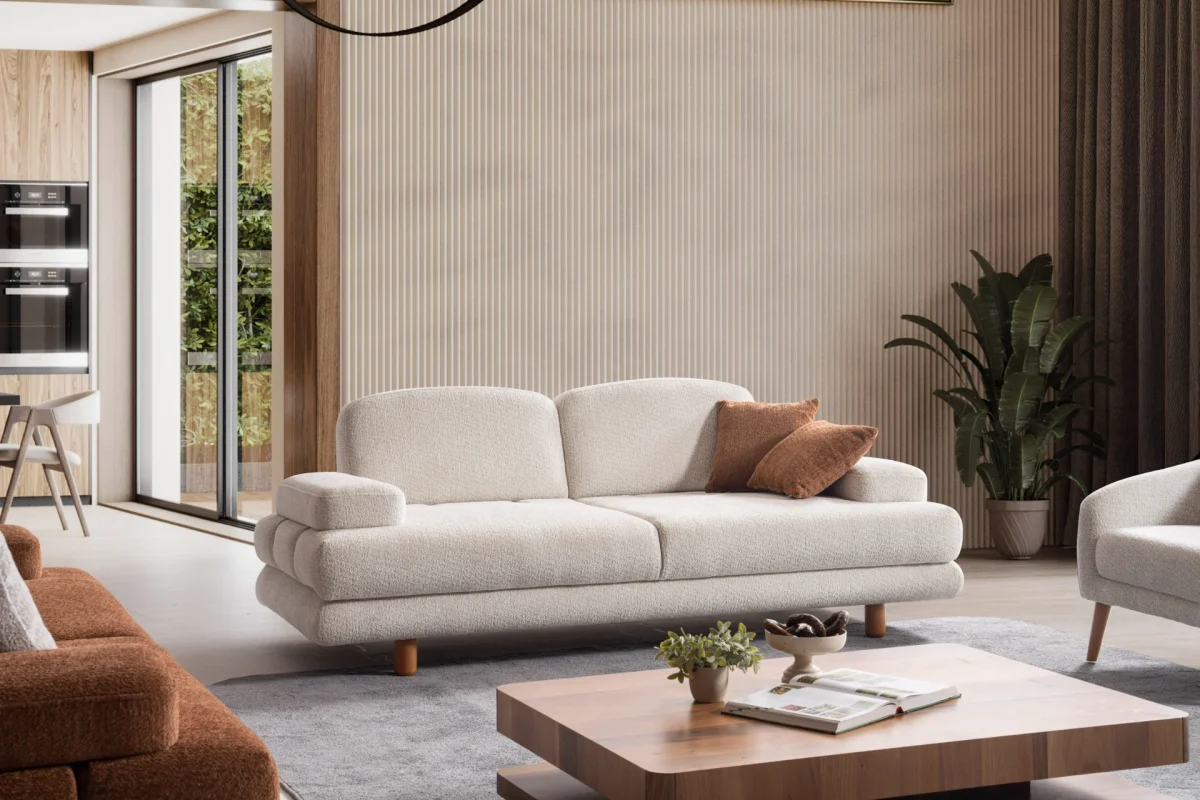 Troyas modern sofa set featuring a curved silhouette and rich textured fabric in terracotta and ivory cream, styled for a luxury contemporary living room – SofaTurkey.