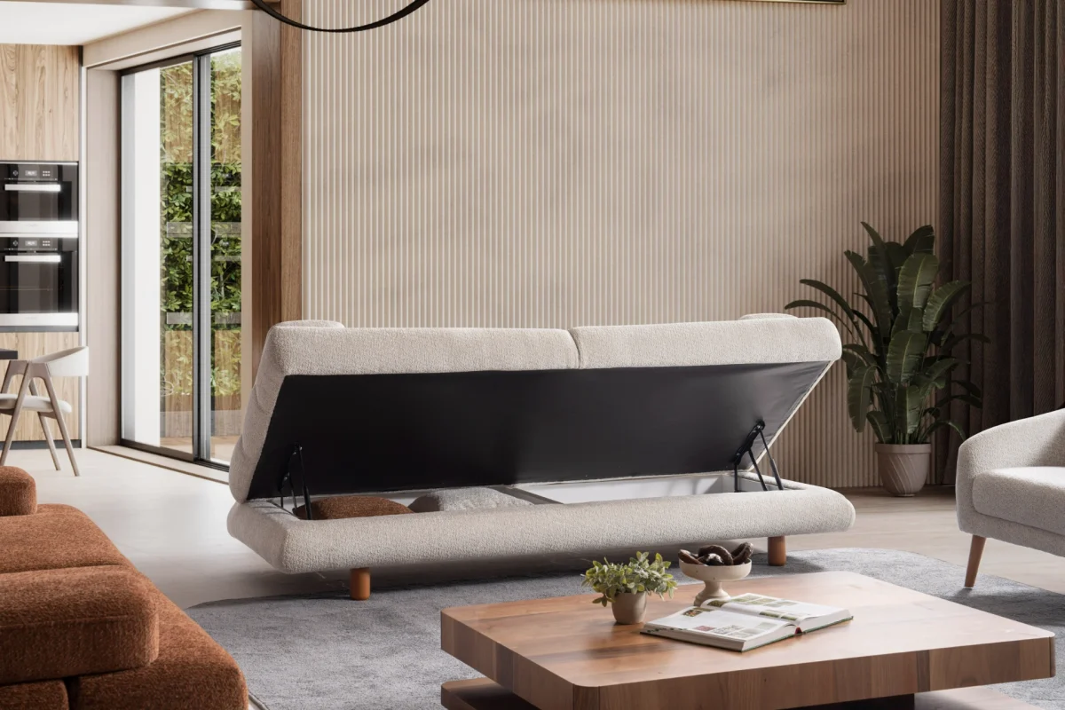 Troyas modern sofa set featuring a curved silhouette and rich textured fabric in terracotta and ivory cream, styled for a luxury contemporary living room – SofaTurkey.