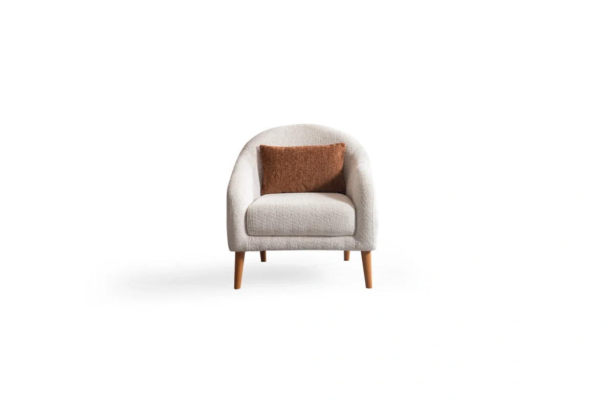 Troyas modern accent armchair with a curved backrest and textured ivory fabric, featuring an elegant sculptural design for a cozy living room corner – SofaTurkey.