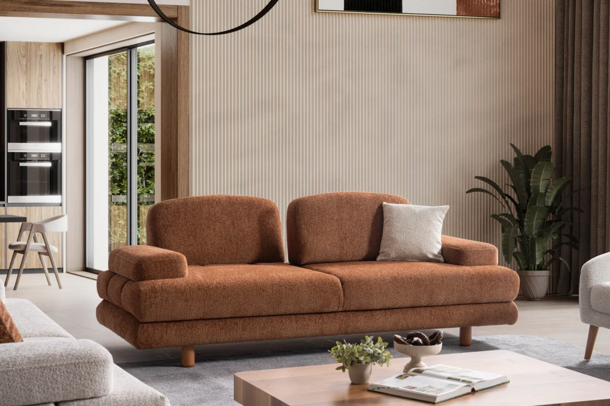 A harmonized Troyas sofa set showcasing a visual dialogue between warm terracotta and ivory tones, featuring matching organic curved silhouettes in a luxury contemporary setting – SofaTurkey.