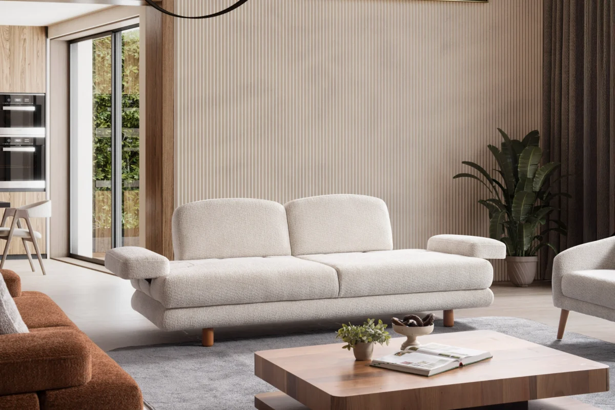 Modern living room featuring the Troyas sofa set in a warm terracotta hue, showcasing soft curves and a textured finish for a cozy, contemporary aesthetic – SofaTurkey.