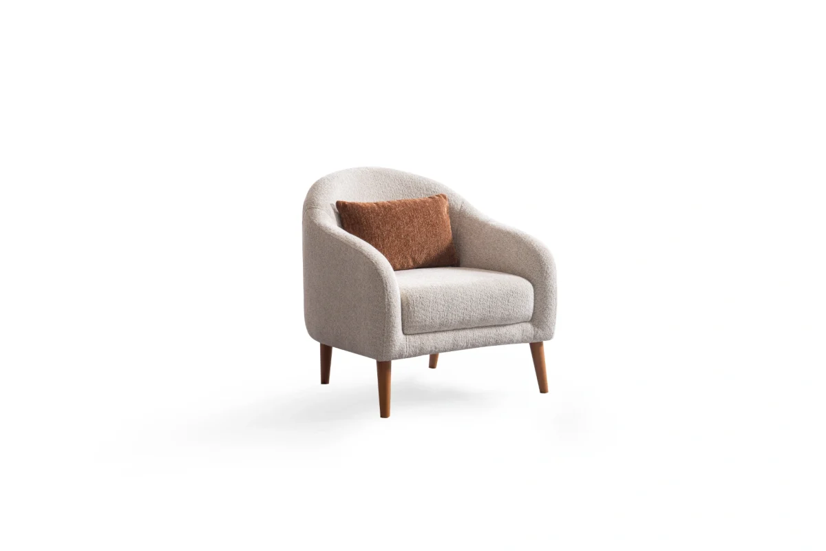 Troyas modern accent armchair with a curved backrest and textured ivory fabric, featuring an elegant sculptural design for a cozy living room corner – SofaTurkey.