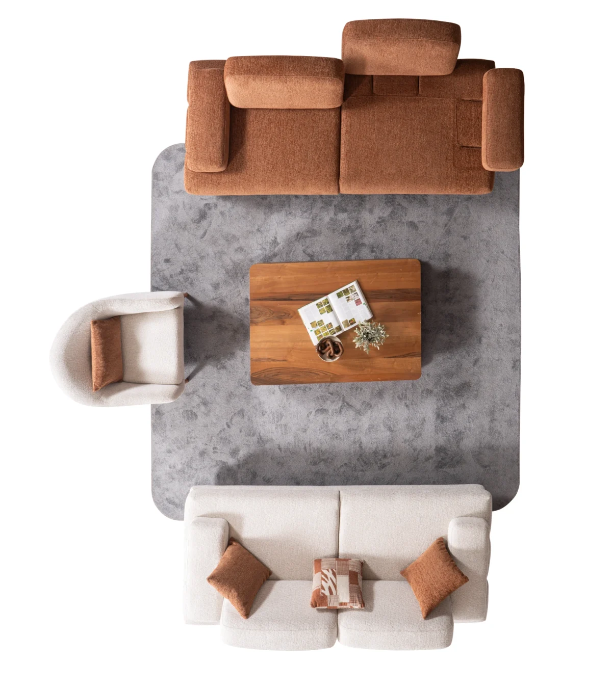 A harmonized Troyas sofa set showcasing a visual dialogue between warm terracotta and ivory tones, featuring matching organic curved silhouettes in a luxury contemporary setting – SofaTurkey.