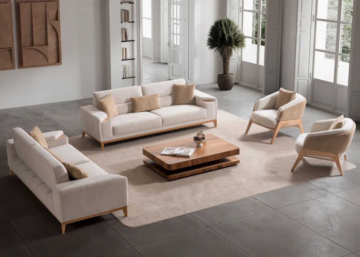 Velora Set Sofa featuring two modern mechanism sofas and two tub-style armchairs arranged in a spacious living room setting.
