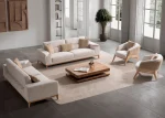 Velora Set Sofa featuring two modern mechanism sofas and two tub-style armchairs arranged in a spacious living room setting.