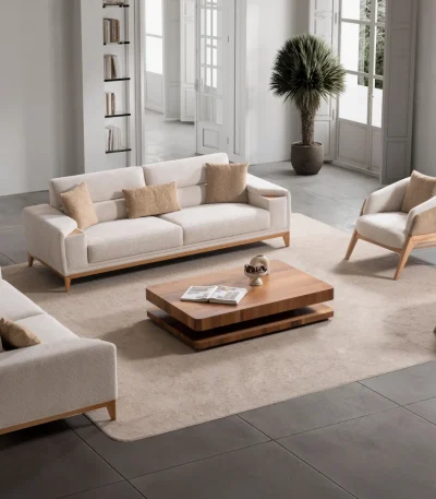 Velora Set Sofa featuring two modern mechanism sofas and two tub-style armchairs arranged in a spacious living room setting.