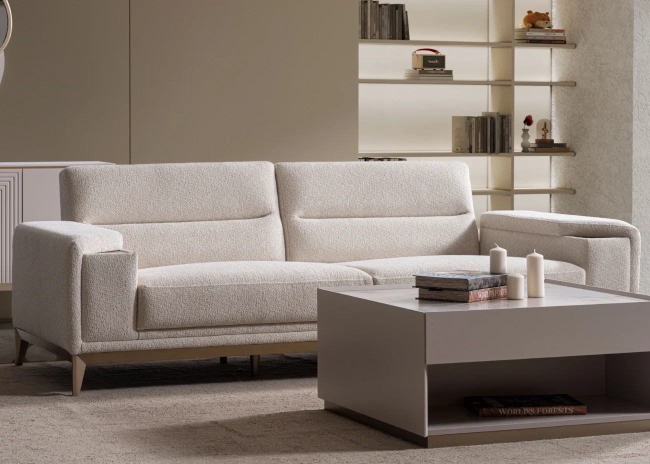 Velora sofa adjustable motion lounge sofa Sofaturkey living room furniture sofa 12 Velora Sofa modern cream living room couch featuring plush channel-tufted back cushions and integrated adjustment mechanism.
