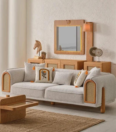 A tranquil Venera Sofa situated in a brightly lit, peaceful living space, designed to evoke a sense of calm, balance, and refined home living.