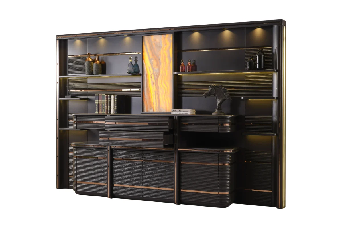 Zenith Cabinet and Panel is a monumental storage solution for high-end offices. Combining architectural linear patterns with warm onyx lighting, it defines executive prestige.