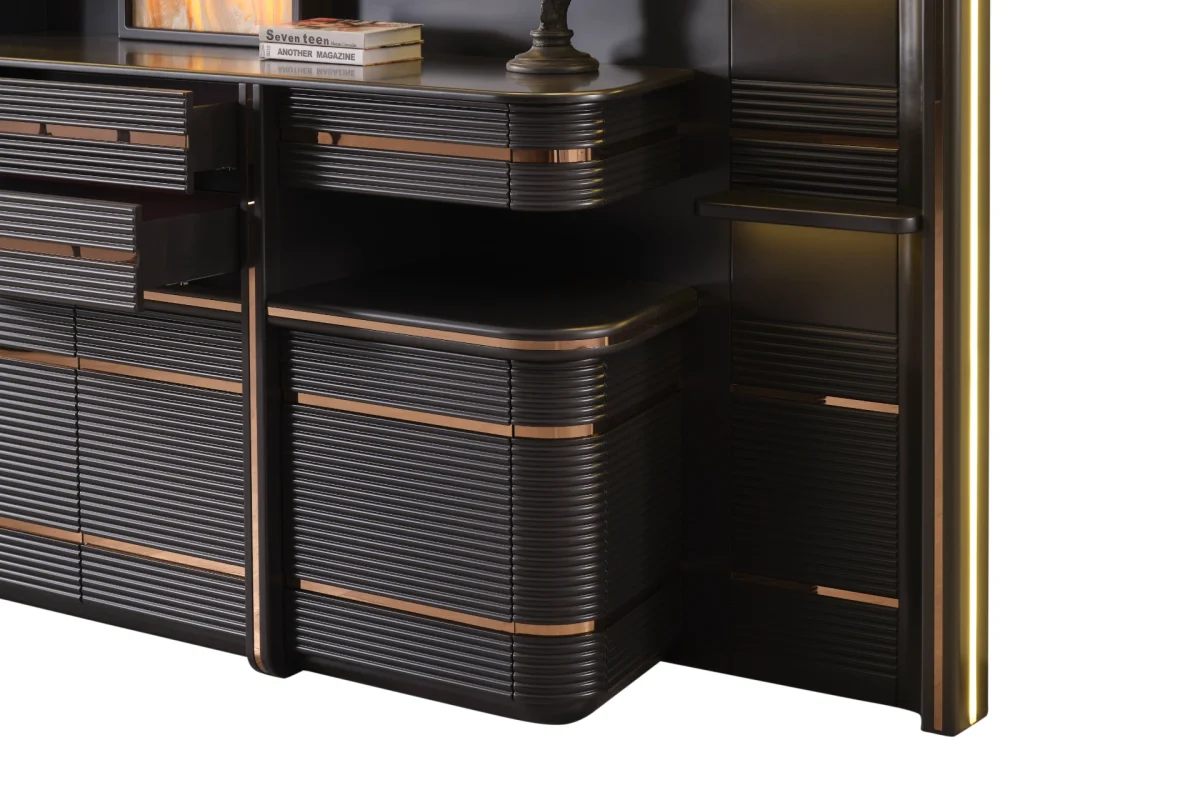 Zenith Cabinet and Panel is a monumental storage solution for high-end offices. Combining architectural linear patterns with warm onyx lighting, it defines executive prestige.