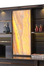 Zenith Cabinet and Panel is a monumental storage solution for high-end offices. Combining architectural linear patterns with warm onyx lighting, it defines executive prestige.