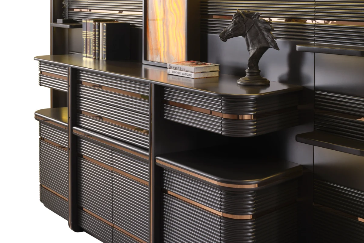 Zenith Cabinet and Panel is a monumental storage solution for high-end offices. Combining architectural linear patterns with warm onyx lighting, it defines executive prestige.