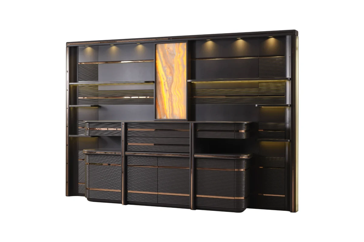 Zenith Cabinet and Panel is a monumental storage solution for high-end offices. Combining architectural linear patterns with warm onyx lighting, it defines executive prestige.