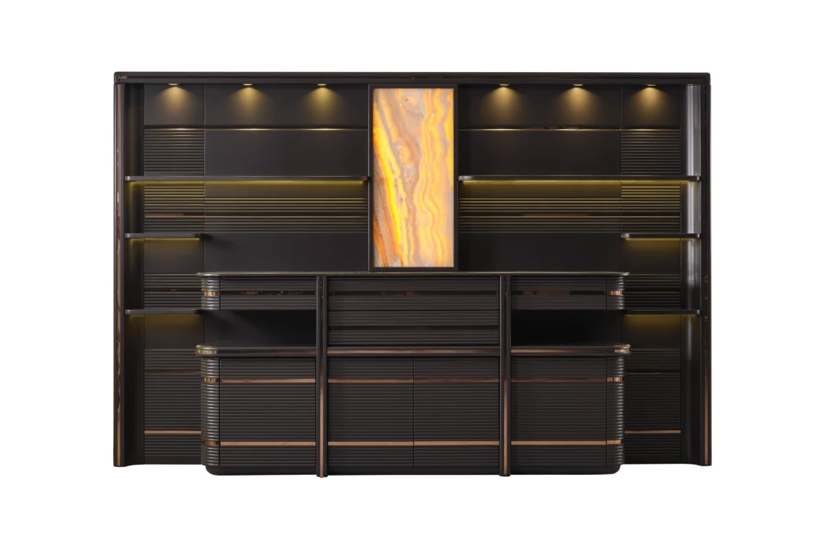 Zenith Cabinet and Panel is a monumental storage solution for high-end offices. Combining architectural linear patterns with warm onyx lighting, it defines executive prestige.