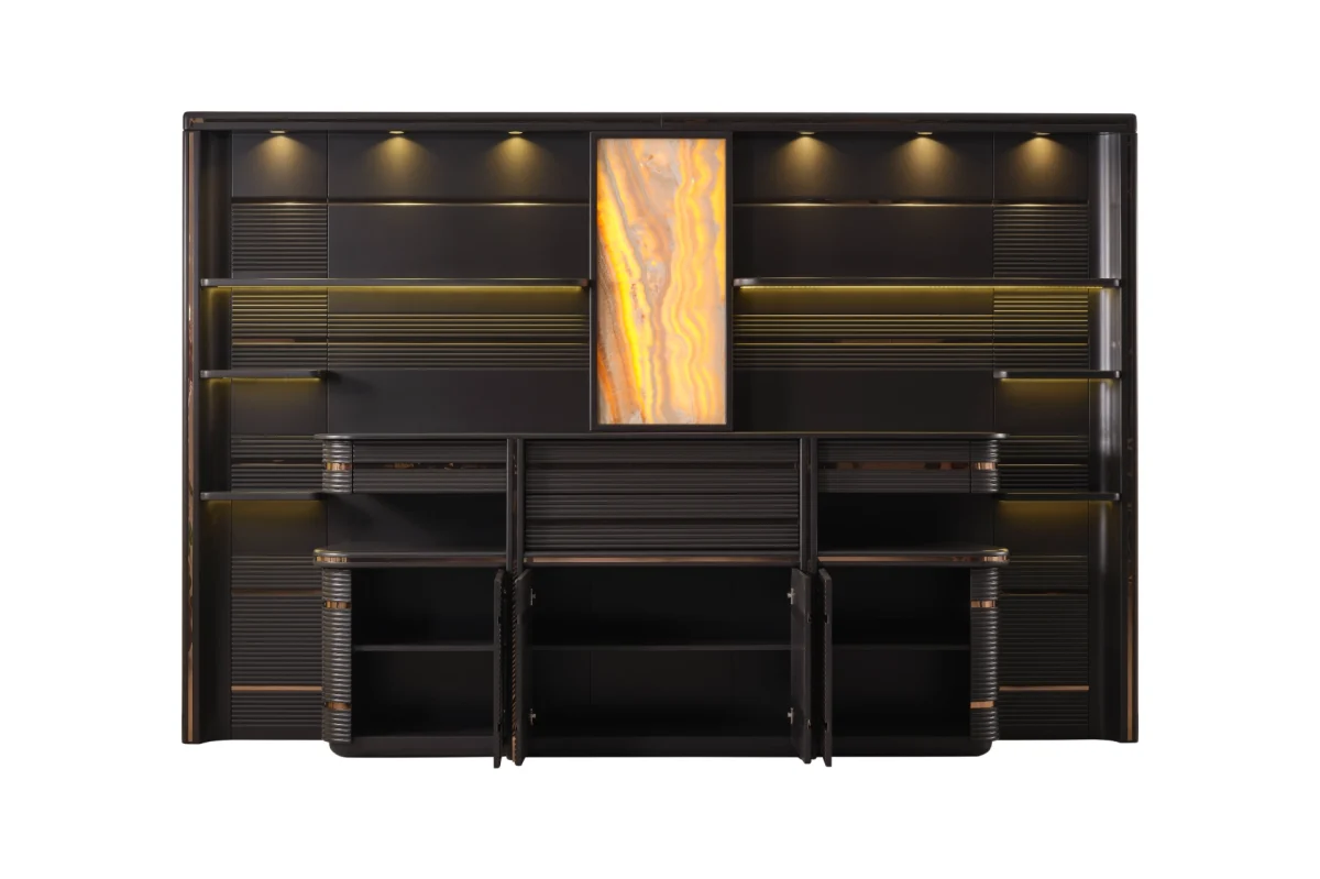 Zenith Cabinet and Panel is a monumental storage solution for high-end offices. Combining architectural linear patterns with warm onyx lighting, it defines executive prestige.