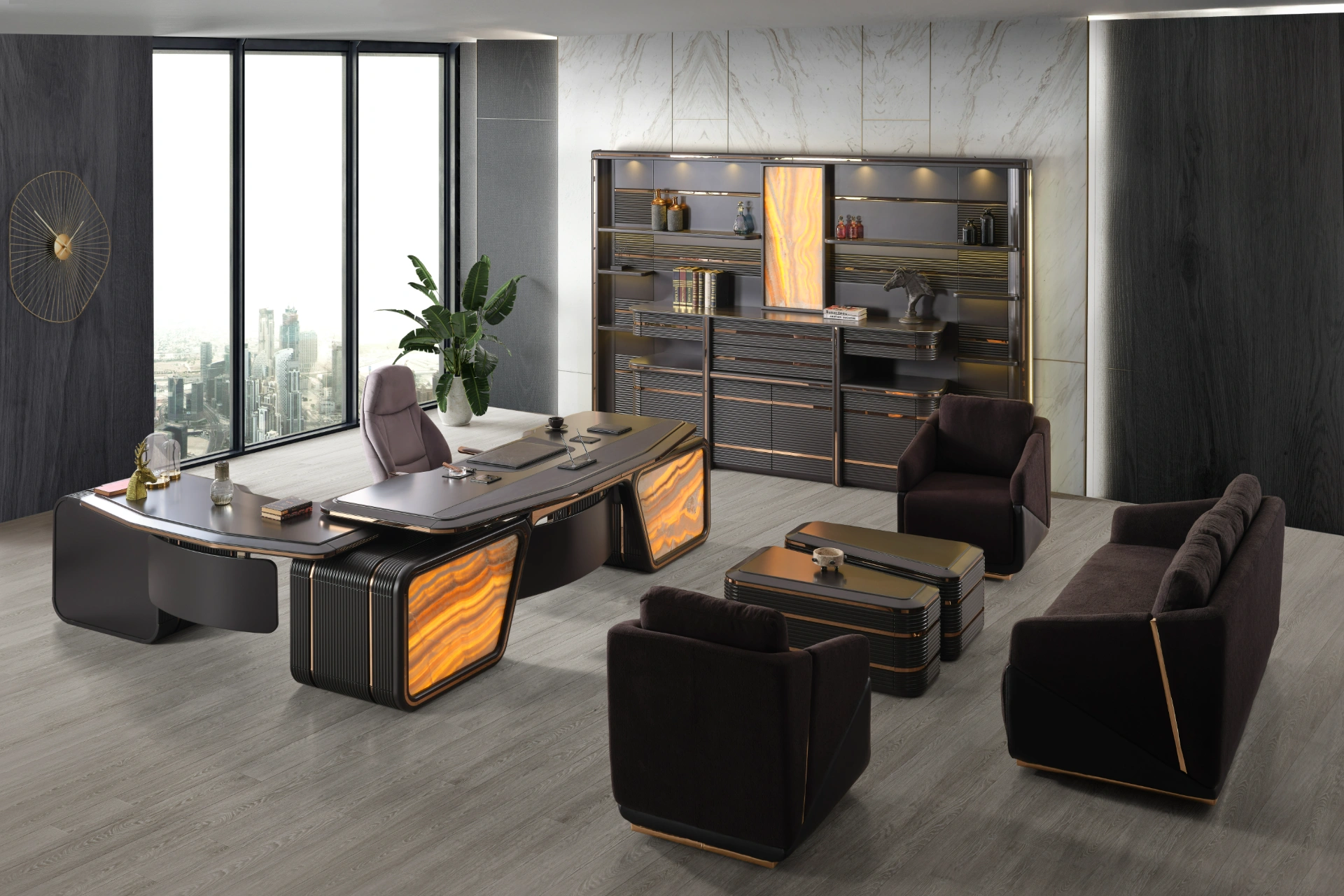 Zenith Office Set SofaTurkey Office Furniture Modern Contemporary zenith office executive set luxury workspace 5 Dominate your workspace with the Zenith Office Set. Featuring a magnificent executive desk and premium upholstery, it represents the pinnacle of professional luxury.