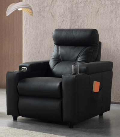 A modern single-seater power recliner armchair featuring a high pillow backrest, integrated cup holders in the wide armrests, side storage pocket, and sleek black upholstery.