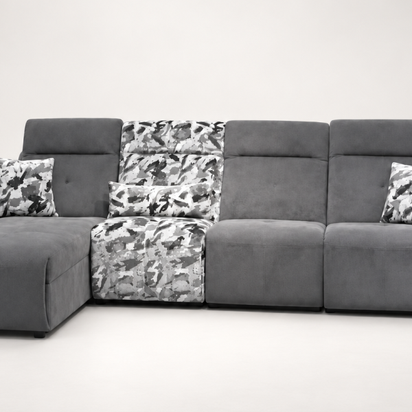 A modern sectional power recliner sofa featuring an integrated chaise lounge, patterned accent backrest and seat section, soft throw cushions, and smooth high-back plush cushioning set against a clean backdrop.