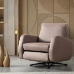 Mercury Manual Recliner modern dusty rose single armchair featuring rounded armrests, high back support, and a black star-shaped swivel base.