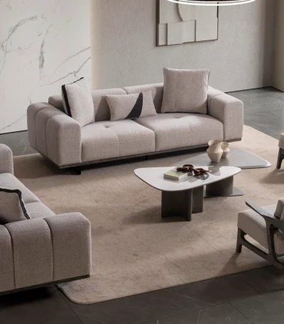 A modern Nova Sofa Set including two deep-seated plush sofas and two architectural wooden-frame accent armchairs arranged in a contemporary open-plan interior.